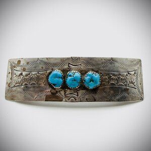 Vintage Sterling Silver Turquoise 3-Stone Barrette Hair Clip